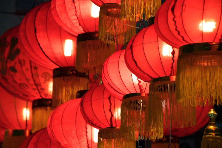 Rows of red paper lanterns.