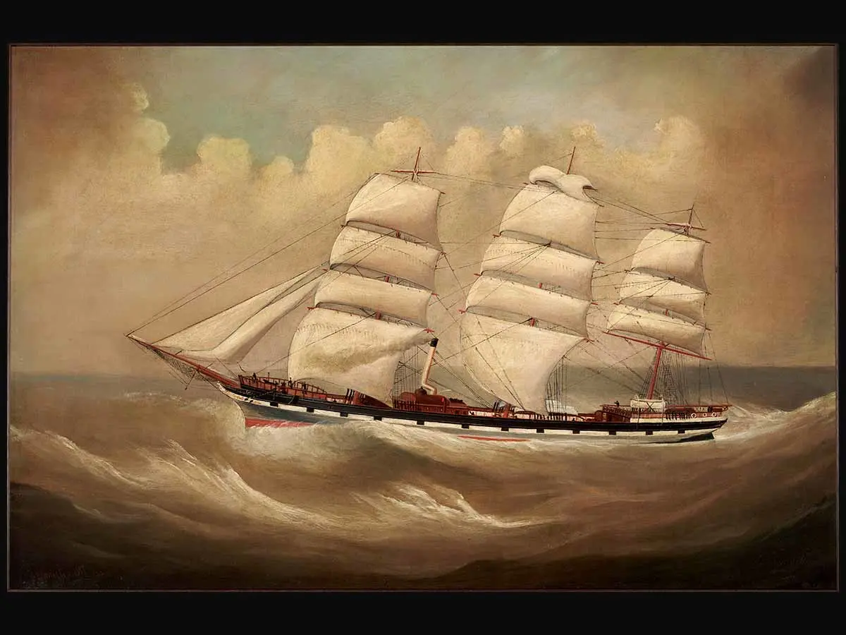 A painting of the ship, Invercargill, at sea in full sail. The ship’s crew are standing on the deck.