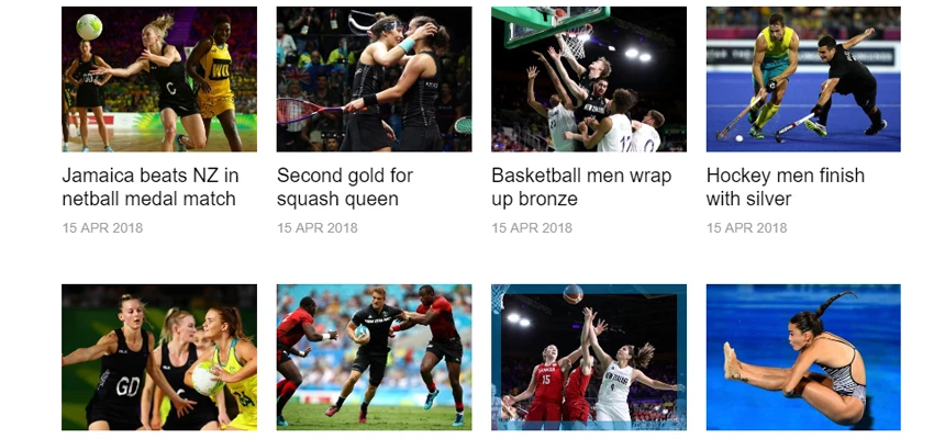 Small pictures of sports people playing netball, squash, basketball and hockey