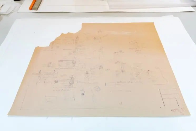 A flattened architectural plan following treatment to prepare the item for digitisation. 