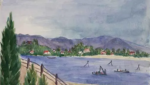 Painting showing houses and a church in Putiki on the south bank of the Whanganui River.