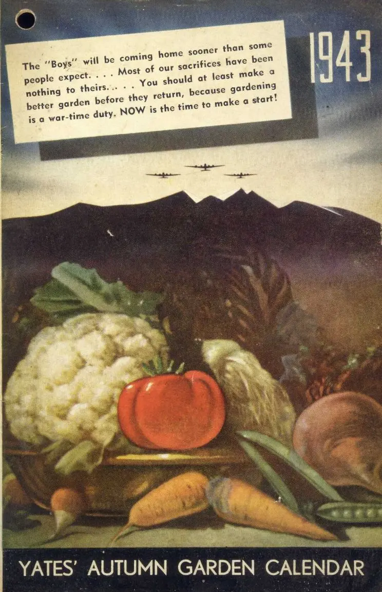 An illustrated cover of a calendar shows a still life image of vegetables in the foreground, with dark hills behind, and three airplanes flying over the peaks toward the viewer.