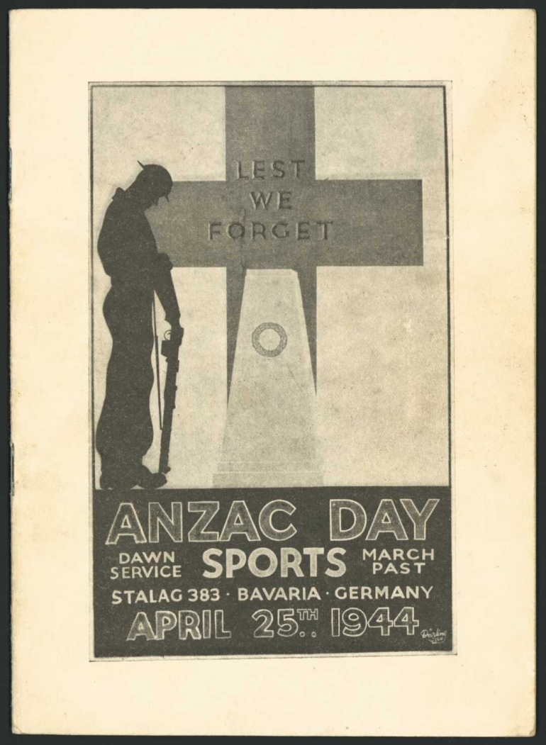 Programme cover shows a central cross and monument with the wording "Lest we forget". At the left is the silhouette of a soldier standing with his head bowed in respect, the barrel end of his gun resting on the ground.