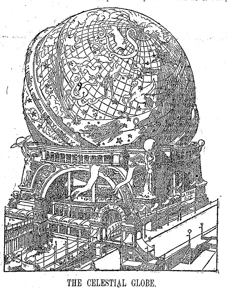 Drawing of a huge globe on an ornate stand.