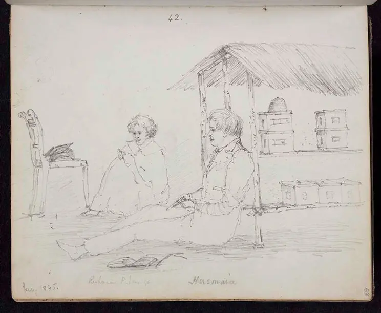 Pencil sketch of two men sitting outside a shelter covering beehives.