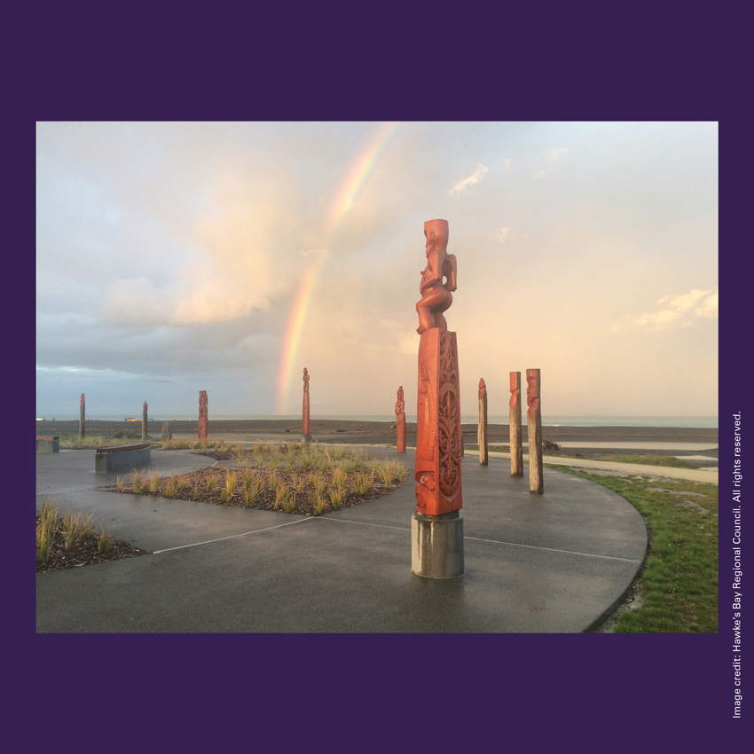 Front of curiosity card TMCC1 with an image of Ātea a Rangi (a celestial star compass) in the Waitangi Regional Park near Awatoto, Napier.