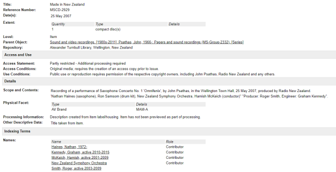 Descriptive record for a CD ‘Made in New Zealand’ (ref: MSCD-2929), showing Access, Use and Processing Information statements.