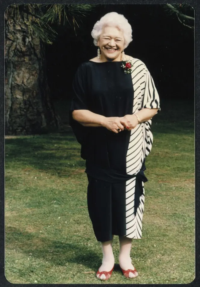 Photograph of Wharetutu Te Aroha Stirling, conservationist, taken at her son Maani's wedding in 1986.