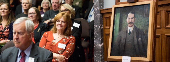 A group of people sitting in the audience and a portrait of Alexander Horsburgh Turnbull.