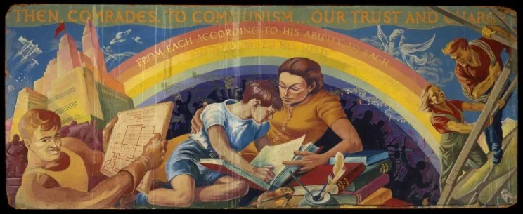 In the centre, a mother reading to her son. Behind her is the arch of a rainbow. To the left, a man holds up a building plan, titled 'Workers' Polytechnic'. To the right, a man and a woman mount the scaffolding of a building, the man with a climbing rope looped around his shoulders.