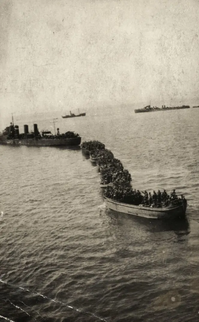 Barges full of troops being towed a shore by a lighter, Gallipoli, 1915.