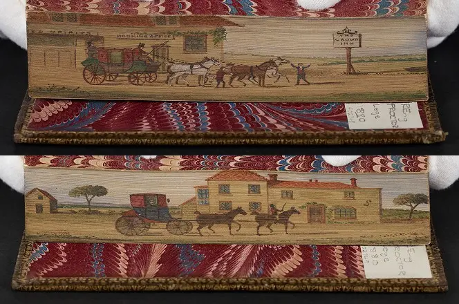 Nineteenth-century fore-edge paintings on two volumes, showing horses and carriages.