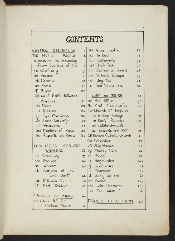 Table of contents for the book, showing topics covered from the Moriori to law and order.