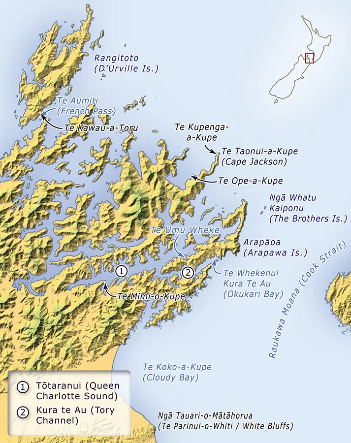 Colour map of the Marlborough Sounds showing places named after Kupe like Te Taonui-a-Kupe (Cape Jackson). Described in image credit link: 'Kupe place names'.