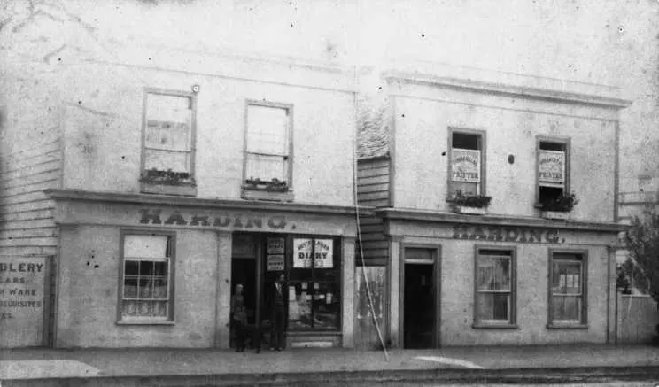 A couple and a dog stand in the doorway to the premises of Robert Coupland Harding's printing business, on Hastings Street, Napier, in 1883.