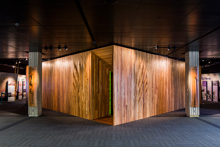 Beautifully carved exterior of He Whakapapa Kōrero – the document room at the He Tohu exhibition. 