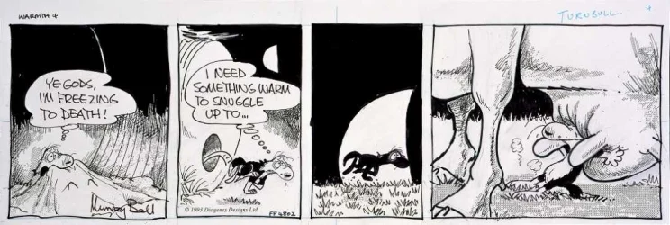 Four panels showing Dog in his water-tank home, on a very cold night. He is seen emerging into the night, and happily finds a cow's udders to sleep against for warmth.