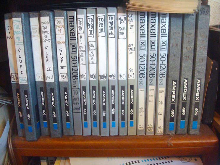 Books shelf with tapes belonging to Chris Knox.