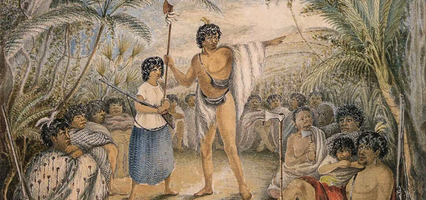 Watercolour showing Māori warrior, wearing coak, ammunition pouches and holding club, addressing a group of seated Māori men and women. A Māori woman in a white blouse and blue skirt, holding a rifle is standing to his right. 