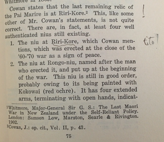 Page 75 of Hauhauism with Cowan’s annotation.