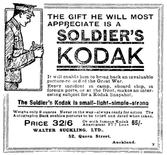 Advertisement for Soldier's Kodak camera. Reads 'The gift he will most appreciate is a soldier's kodak...'