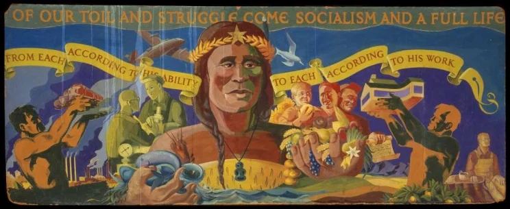 In the centre, a Maori woman, her head crowned with a laurel wreath and a central star, a tiki around her neck. In her right hand she holds the produce of the sea, in her left, in cornucopia style, the fruits of the land spill out. Behind her are figures from around the work, engaged in work and receiving largesse. One man on the right holds a placard which states: One day's pay for one week's rent. On the far right, a man holds a house aloft; on the far left another holds trains and planes aloft.