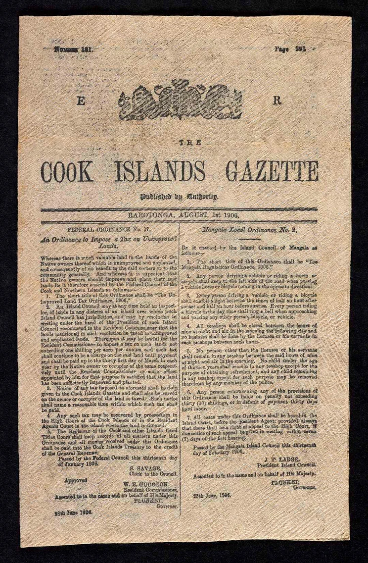 Front page of a two-column newspaper with the masthead The Cook Islands Gazette.