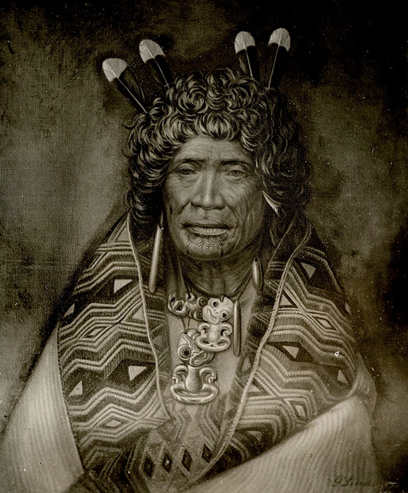 Black and white portrait painting of Te Rangitopeora (also known as Te Rangi Topeora) wearing a Māori cloak, he tiki around her neck and 4 feathers in her hair.