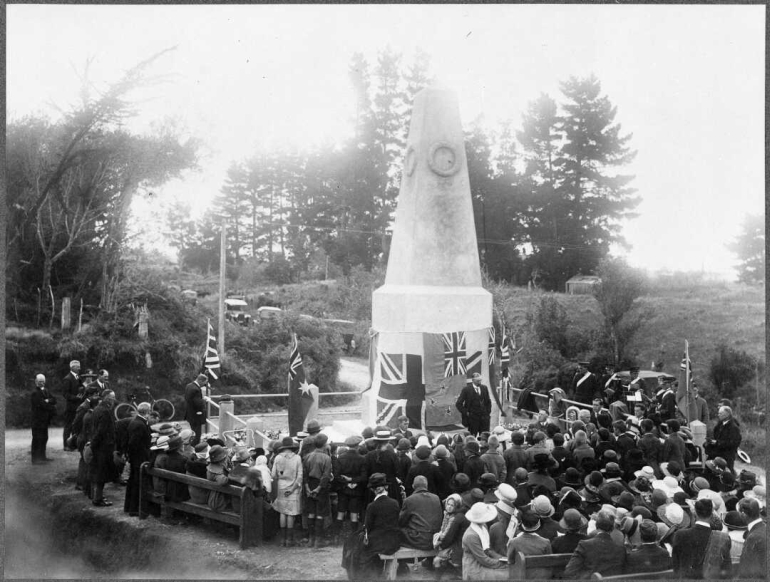Gathering alongside the World War 1 memorial at Cardiff, possibly the unveiling, circa 1920.