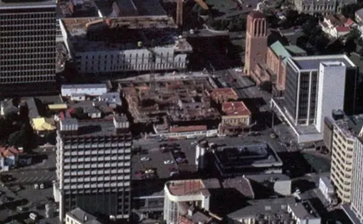 Aerial view of a building being built.