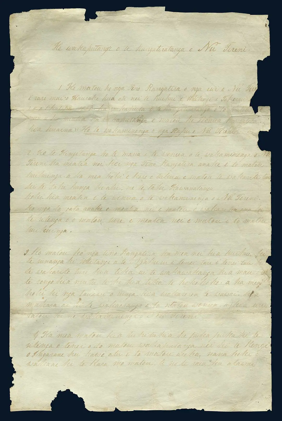 Sheet 1, page 1 of He Whakaputanga o te Rangatiratanga o Nu Tireni — the Declaration of Independence. It shows 4 articles handwritten in te reo Māori. Some parts of the outer edge of the sheet are missing.