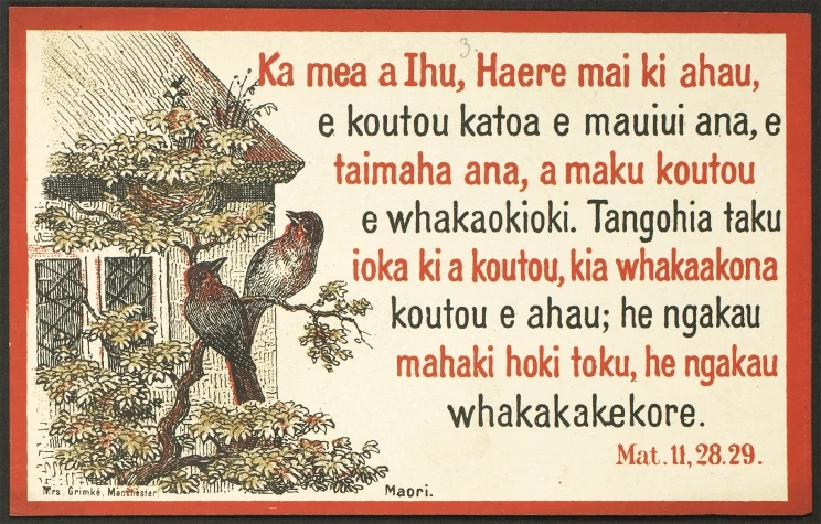 A card showing a scene of two birds on a branch outside a house, along with a bible verse in te reo Māori.