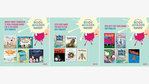 3 posters showing the New Zealand Book Awards for Children and Young Adults (NZCYA) 2024 finalists for Wright Family Foundation Te Kura Pounamu Award for te reo Māori, Elsie Locke Award for non-fiction and NZSA Best First Book.