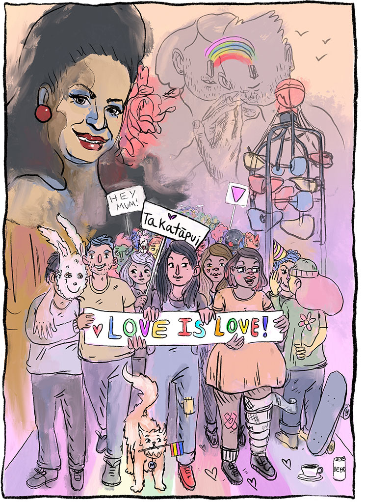 Poster with pictures of people, a transvestite, bucket fountain in Cuba street and the works love is love.