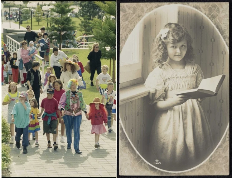 Two side by side images, on the left, a group of children is led through a park by a woman with hair dyed multiple colours. On the right, a black and white portrait of a young girl holding an open book next to a window.