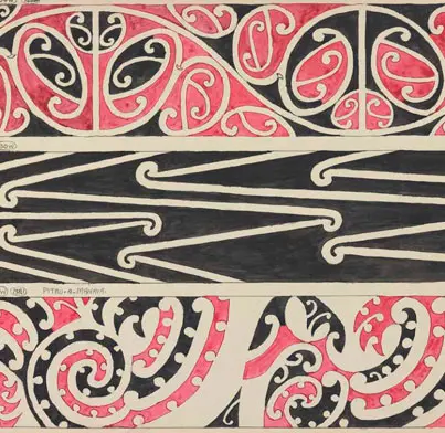 Red, black and white drawings of Māori curved carvings. 