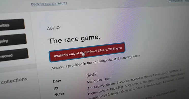 Screenshot of the National Library website showing the record page for "The Race Game". 