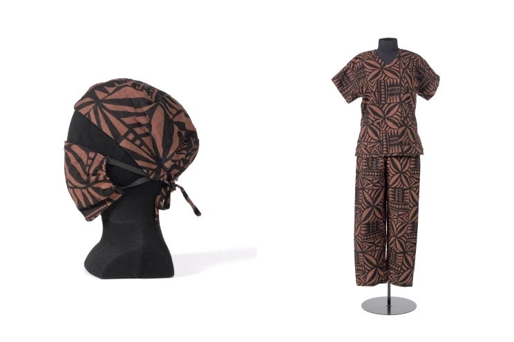 Side by side images of PPE in a pattern of a puletasi (Sāmoan two piece formal dress) with the main garment on the right and a close-up of the head/face mask on the left.