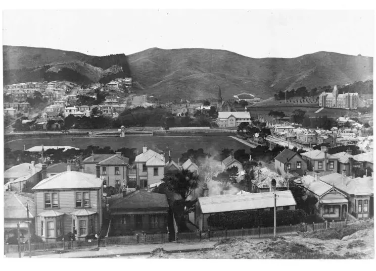 A black and white photo of wooden houses and buildings in early Wellington. 