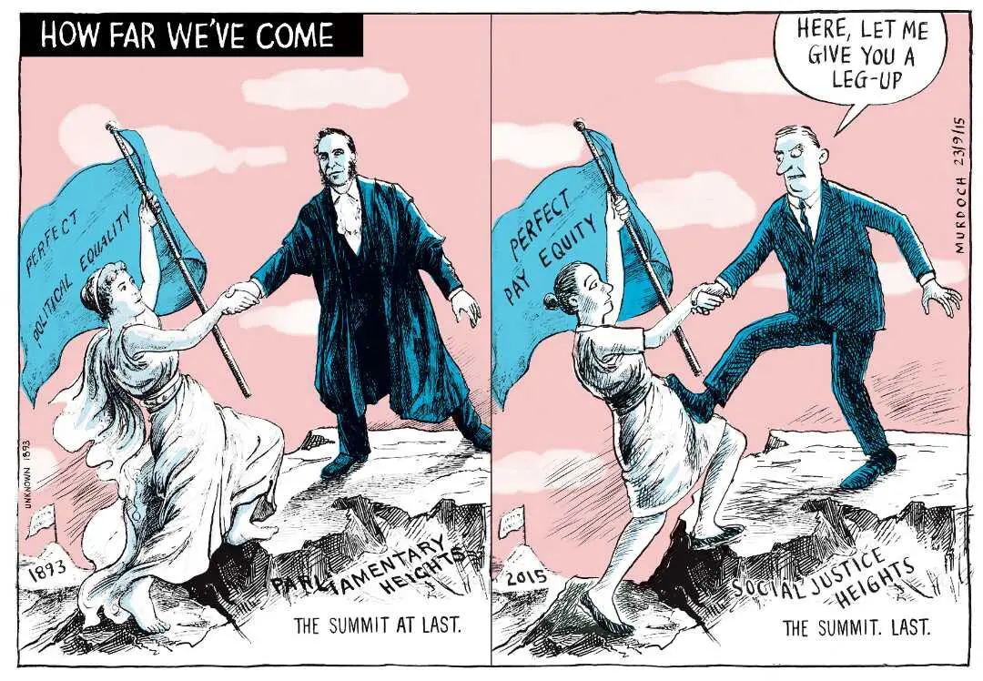 Cartoon of two panels. First panel dated 1893 shows woman holding a flag with the words "perfect political equality' being pulled up onto a hill called Parliamentary Heights by a man. The second panel dated 2015 shows a modern depiction of the same scene but the man is saying "Give you a leg up" and pushing the woman down with his foot. 