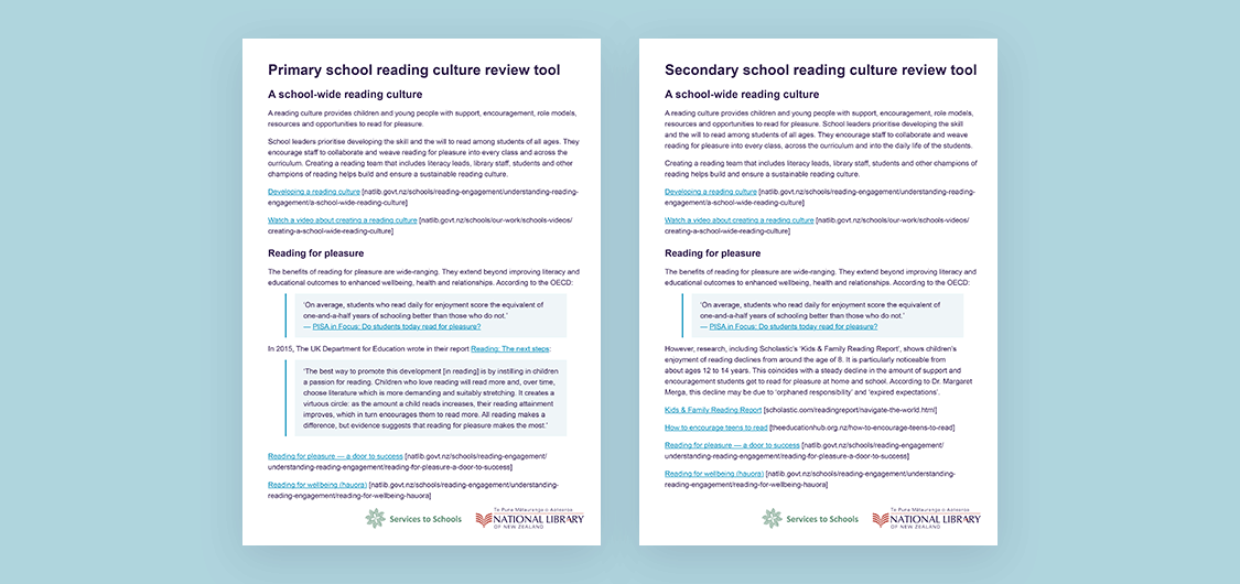 Graphic showing the covers of National Library Services to Schools' school reading culture review tools.