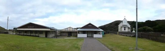 Mātihetihe marae, showing the main buildings, including the church.