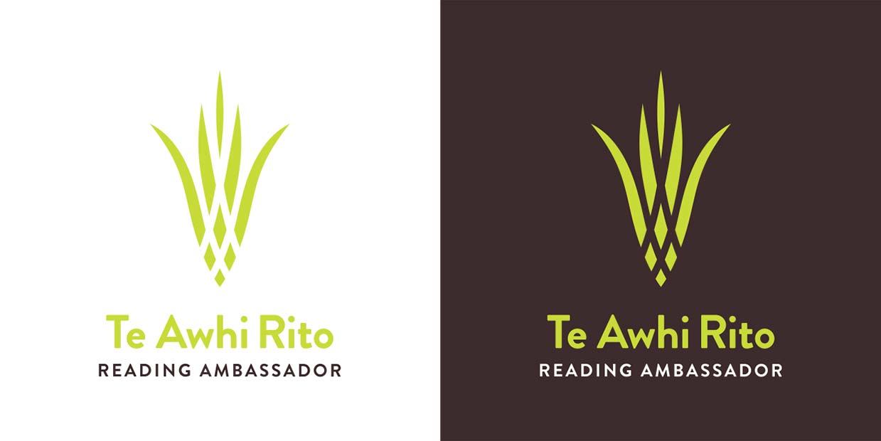 Te Awhi Rito master logo — 2 colour version on different background colours. The logo on the left is on a mā (white) background. The logo on the left is on a dark background — papatūānuku.