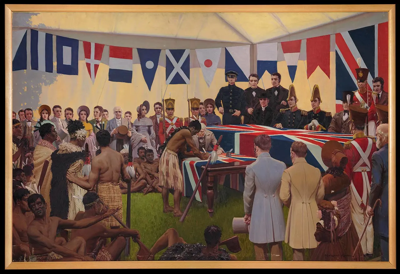 Oil colour painting showing Tāmati Wāka Nene signing the Treaty of Waitangi in front of James Busby, Captain William Hobson, other British officials, Māori and Europeans. The event is held in a tent draped with multi-coloured flags.