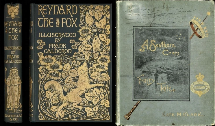 Two side by side book covers, on the left showing a leather-bound book with gilt lettering and illustration of a fox and flowers and leaves. On the right, a faded light-blue book cover with a dim image of a man trekking on ice. 