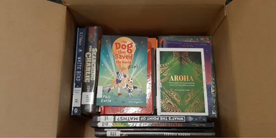 Box of books from National Library's school lending service.