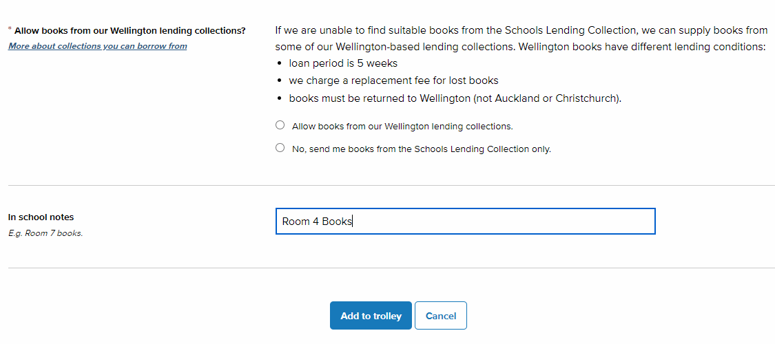 Screenshot of lower portion of the topics selection request form, part of National Library's lending service.