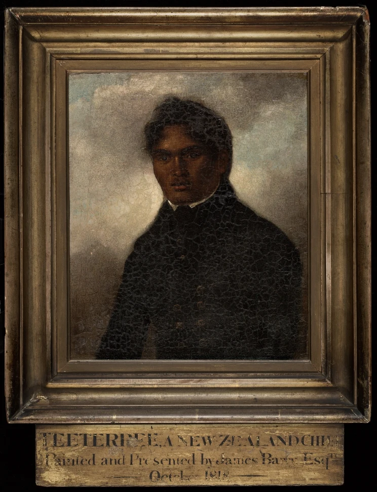A framed portrait painting that dimly shows the bust of a man wearing formal clothing.