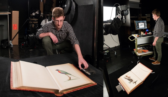 Shows Imaging Technician Llewelyn Jones photographing the album in the Library's studio.
