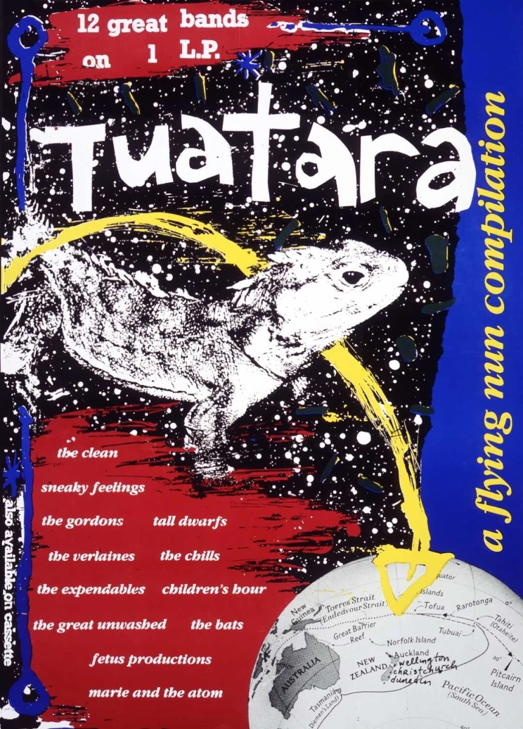 Music poster featuring a tuatara and a map along with a number of bands names.